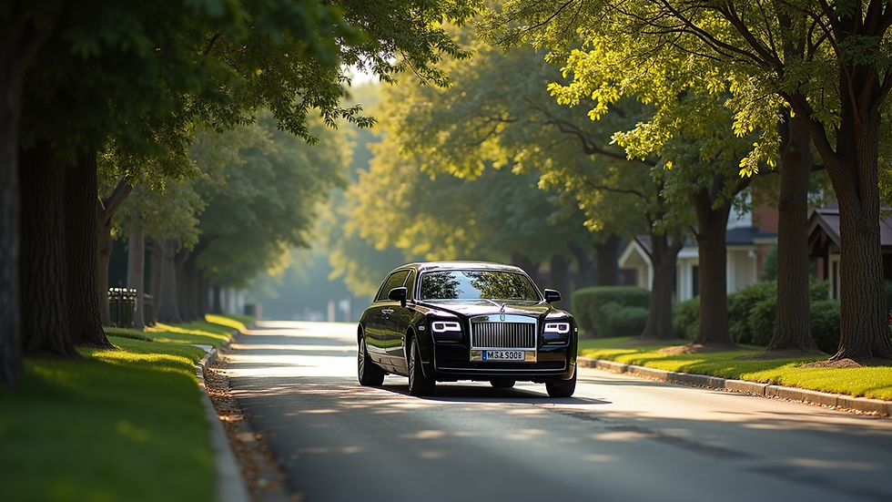 High angle view of a luxury limousine driving through a tree-lined street in a suburban neighborhood