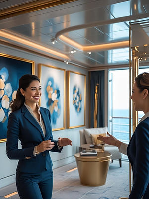 A stylishly dressed female art consultant, mid-30s, smiling warmly and engaging with a cli