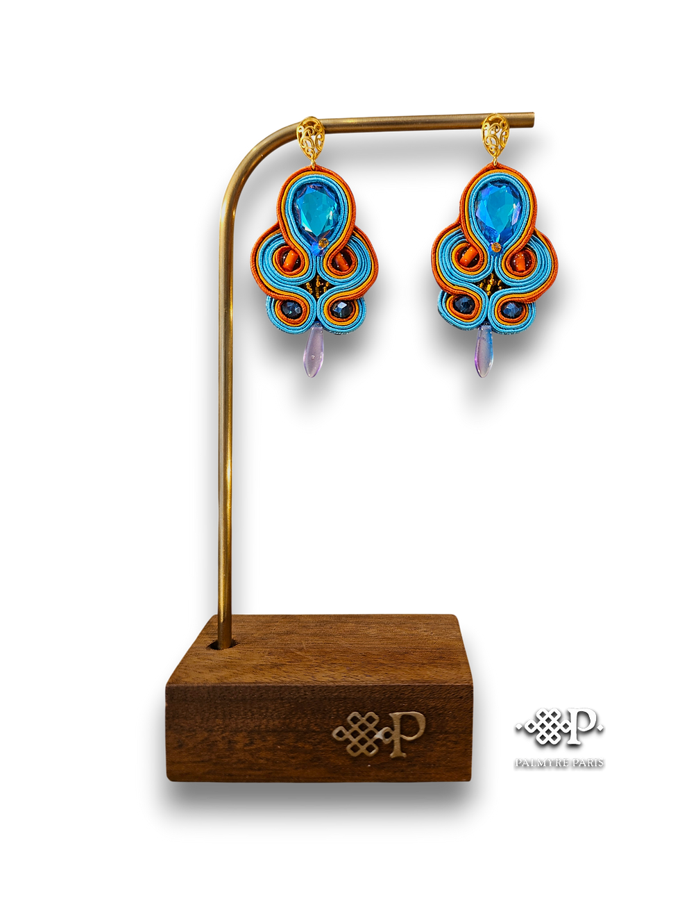 Thumbnail: Cassiopée Paon turquoise orange – boucles d’oreilles brodées à la main