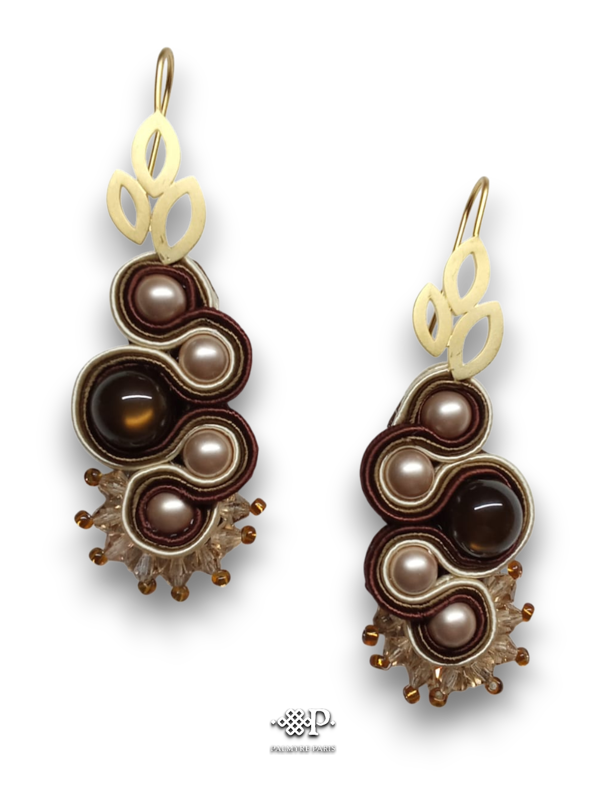 Boucles d’oreilles brodées main Lili Thé Crème marron et ivoire - Palmyre Paris