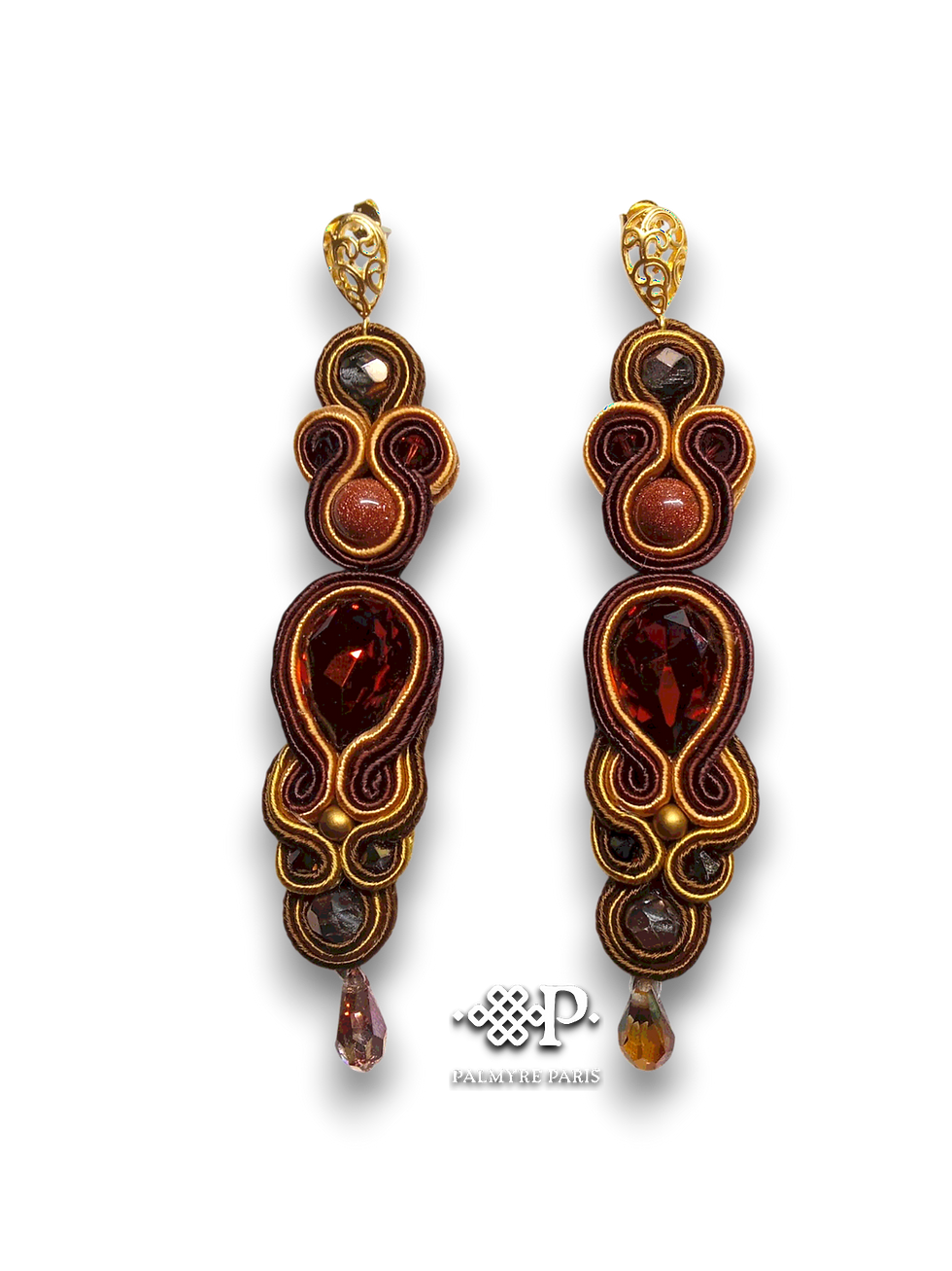 boucles d’oreilles nadia laque ambrée brodées main passementerie brun et or