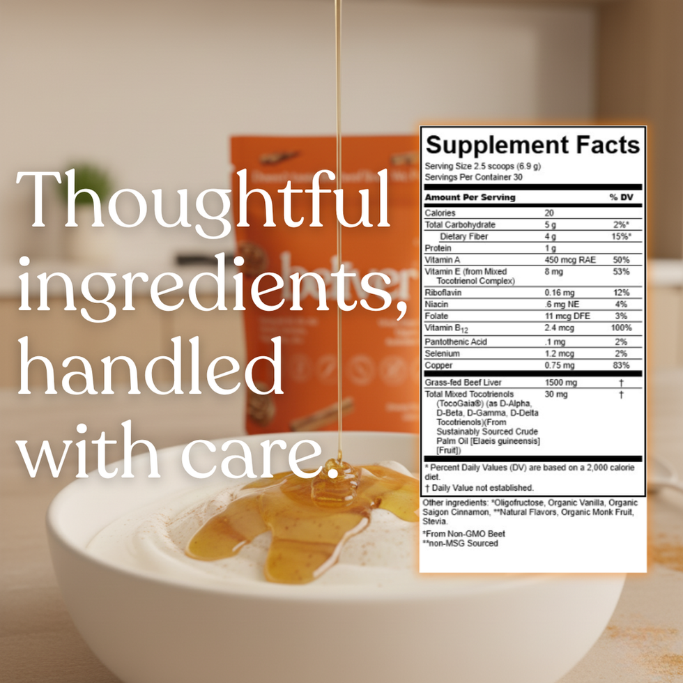 Thoughtful ingredients, handled with care, product's supplement facts, and a yogurt bowl.