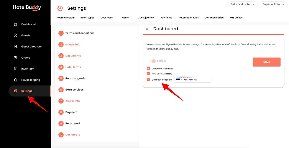 Enable the Call Us button from hte Hotelbuddy admin