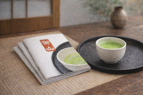 Minimal Japanese-style brand booklet featuring a bowl of freshly whisked green tea on a tatami mat, with Yushan Tea Company seal logo on the cover.
