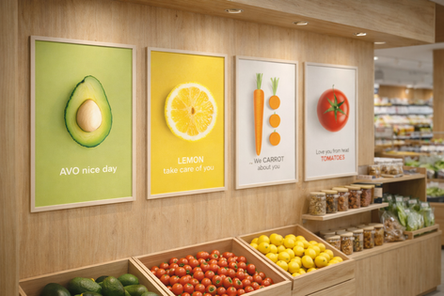 In-store poster wall display featuring bold product visuals in a modern retail environment.

