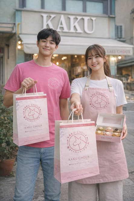 KAKU CHOUX staff wearing branded uniforms and holding takeaway bags and pastry boxes in front of the storefront.