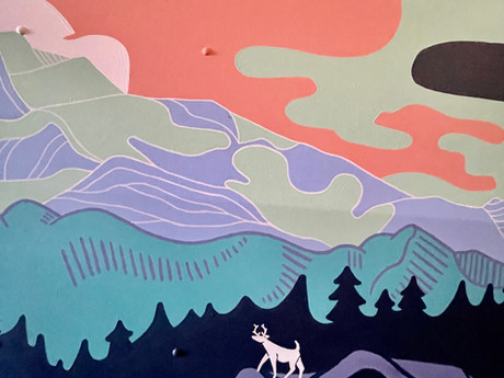 Denver mural, mountain mural, tech company art, tech company mural, 303 software, Colorado mural, Colorado mountain art, Denver mountain art, turquoise, software company mural, pink merl design co, pink merl, office mural, office decor, easy office decor