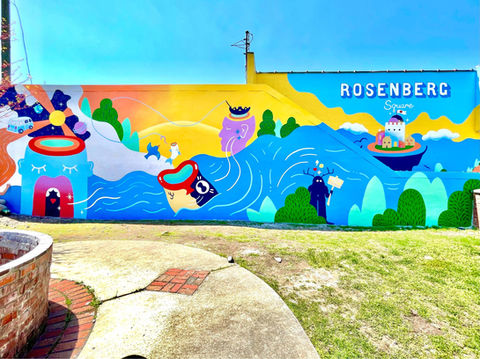 Fish art, river art, river, floating island, character art, universe, space art, flat color art, gradient art, paint sprayer, mural artist, pink merl design co, pink merl, trees, Bigfoot, Prestonsburg, things to do in, rainbow art, rainbow mural