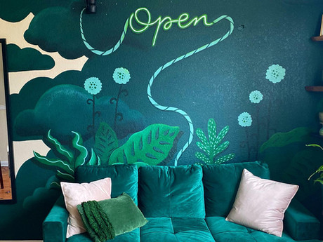 botanical art, botanical mural, living room mural, green painting, green art, plant art, ferns, clouds, residential mural, open, green mural, pink merl, pink merl design co, mural artist, lexington artist, lexington ky, art, mural