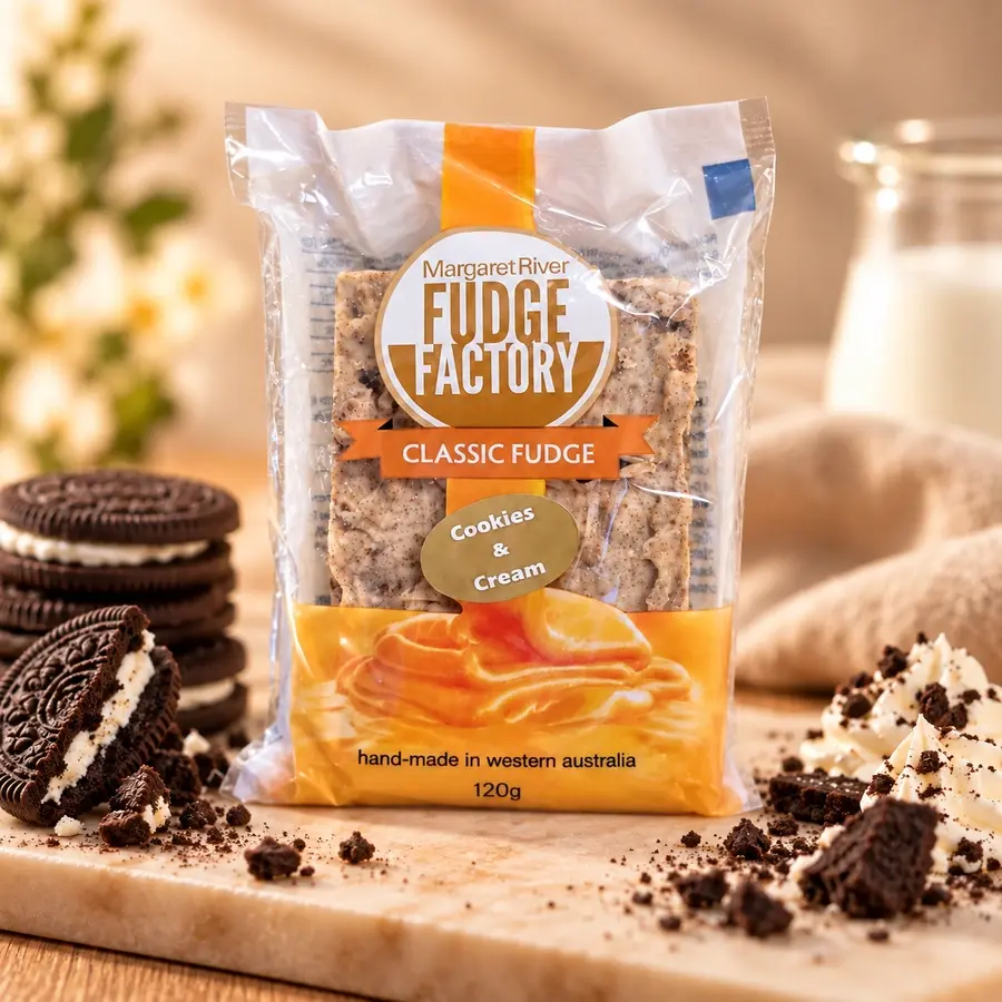 Cookies & Cream Fudge 120g in Margaret River Fudge Factory packaging with chocolate biscuits