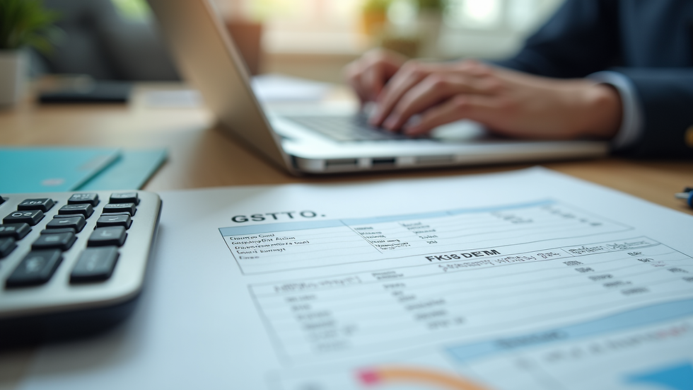 Eye-level view of office desk with GST refund documents and calculator