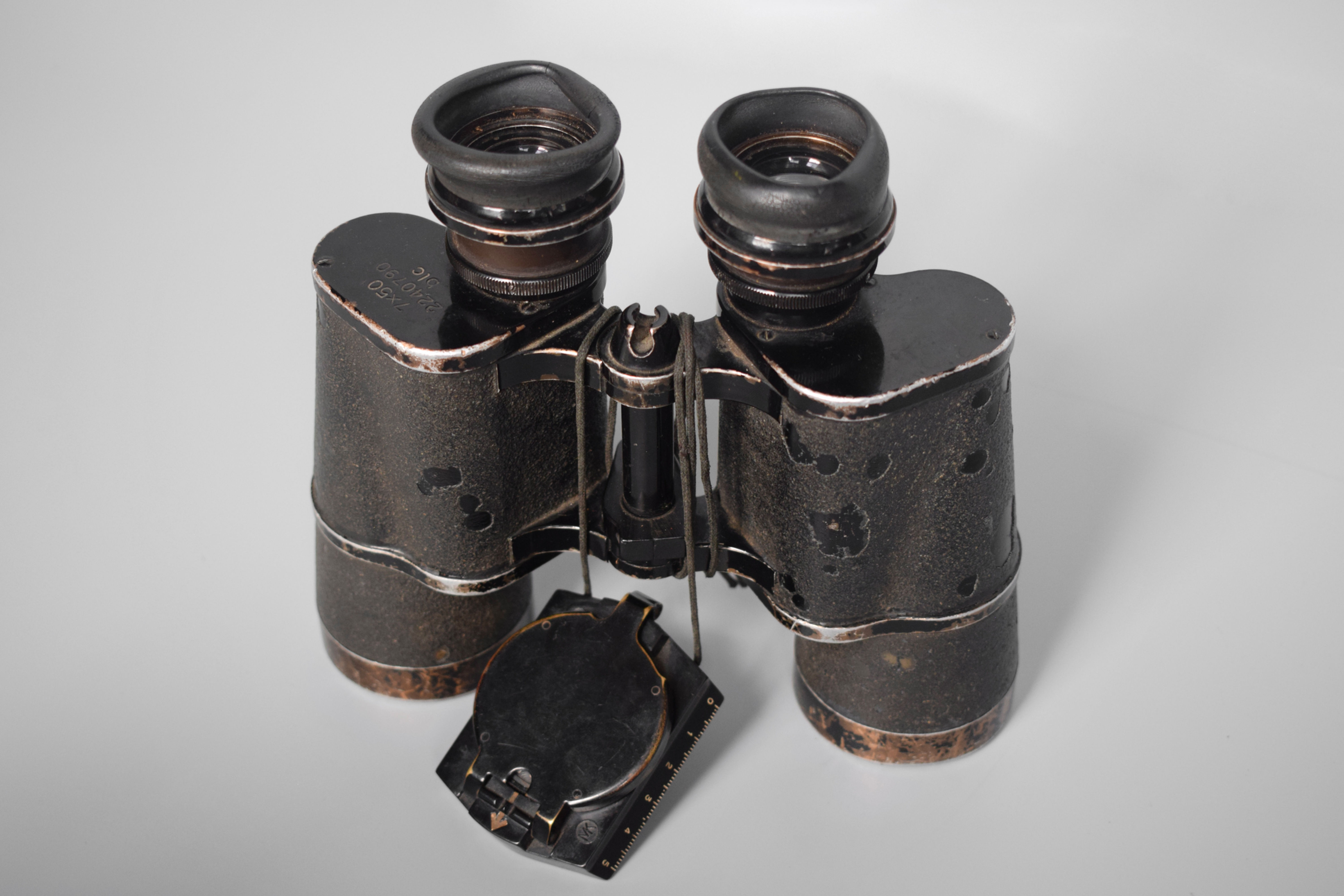 Named 7x50 Kriegsmarine gas mask binoculars 'blc' + compass