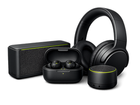 Black portable audio devices including headphones, wireless earbuds and portable speakers.