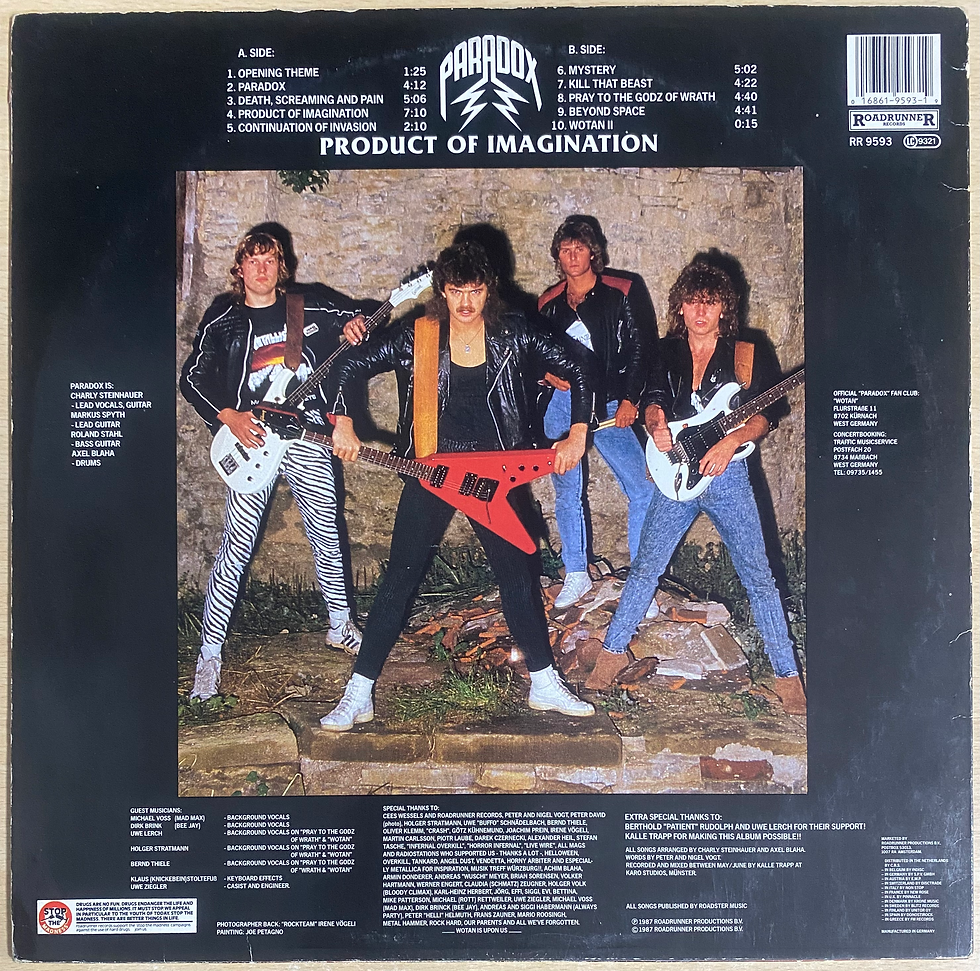 Copertina posteriore LP "Product of Imagination", band rock anni '80