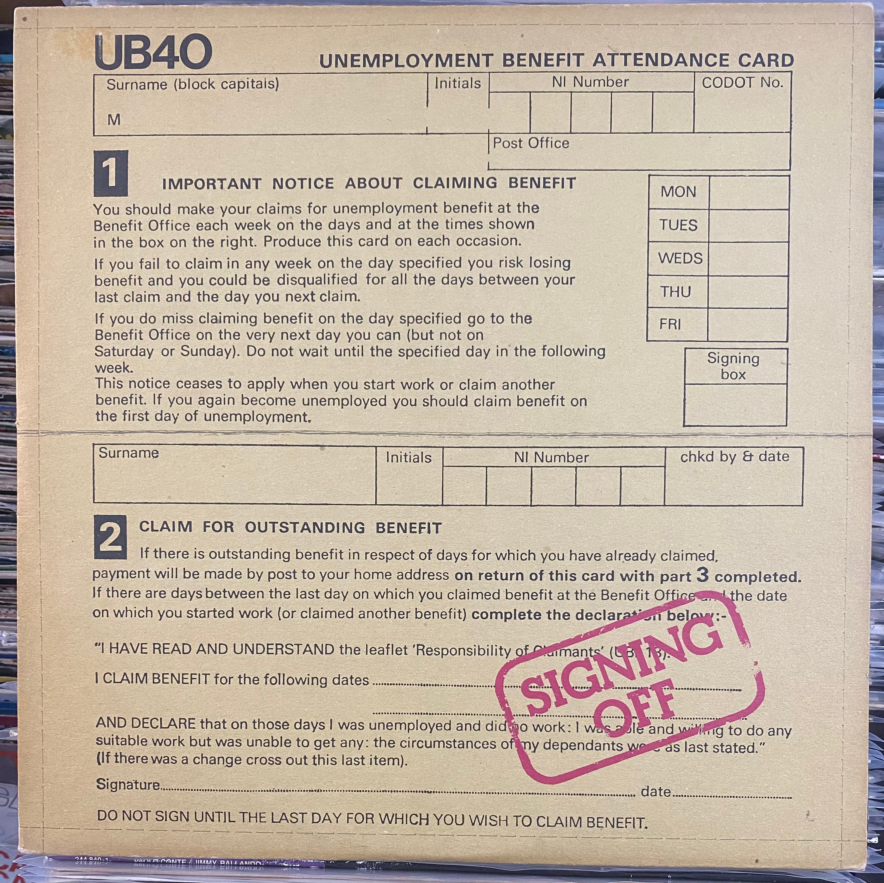 Carta di presenza indennità di disoccupazione UB40: modulo di registrazione