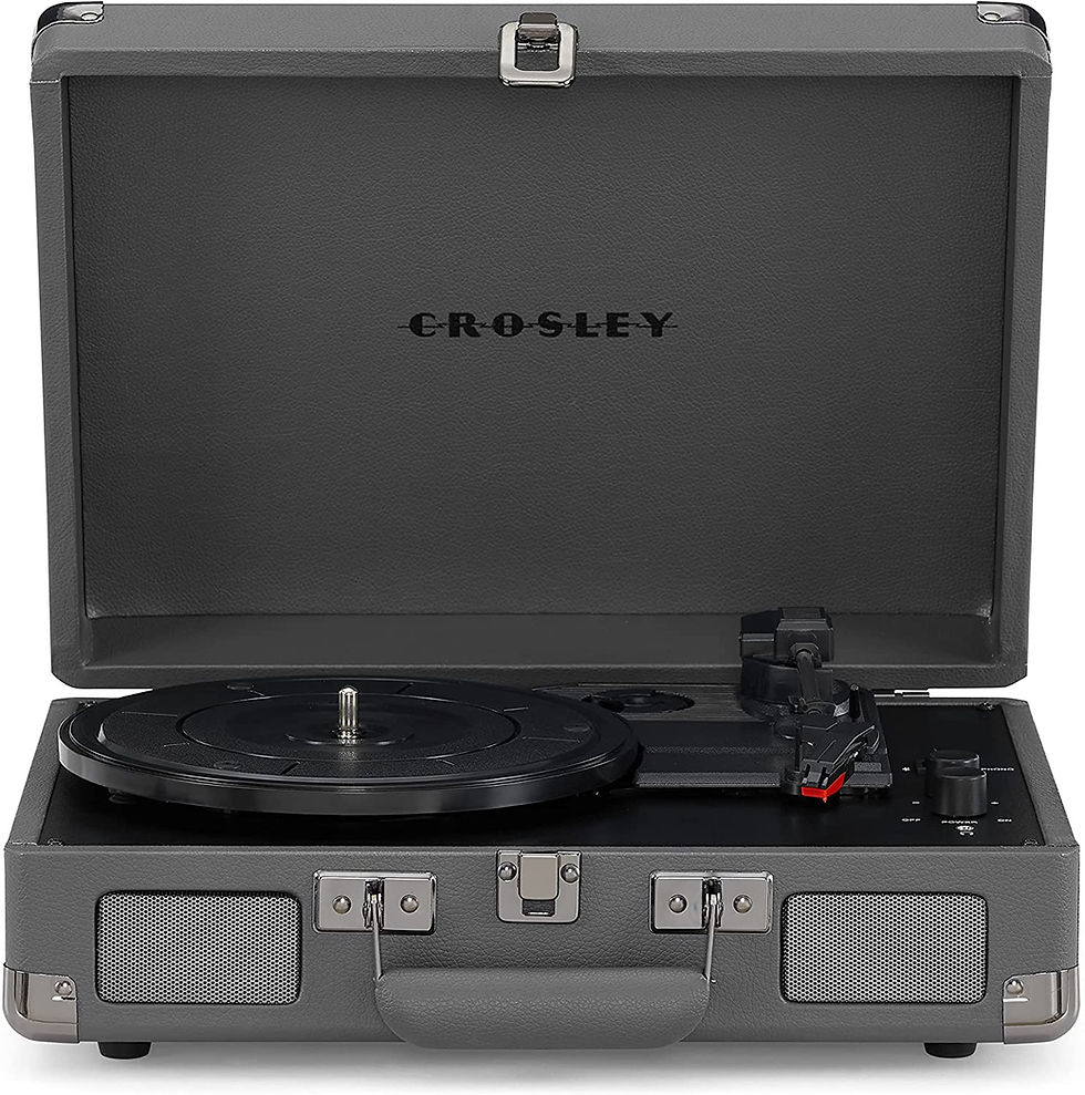 Giradischi Crosley grigio, valigia vintage