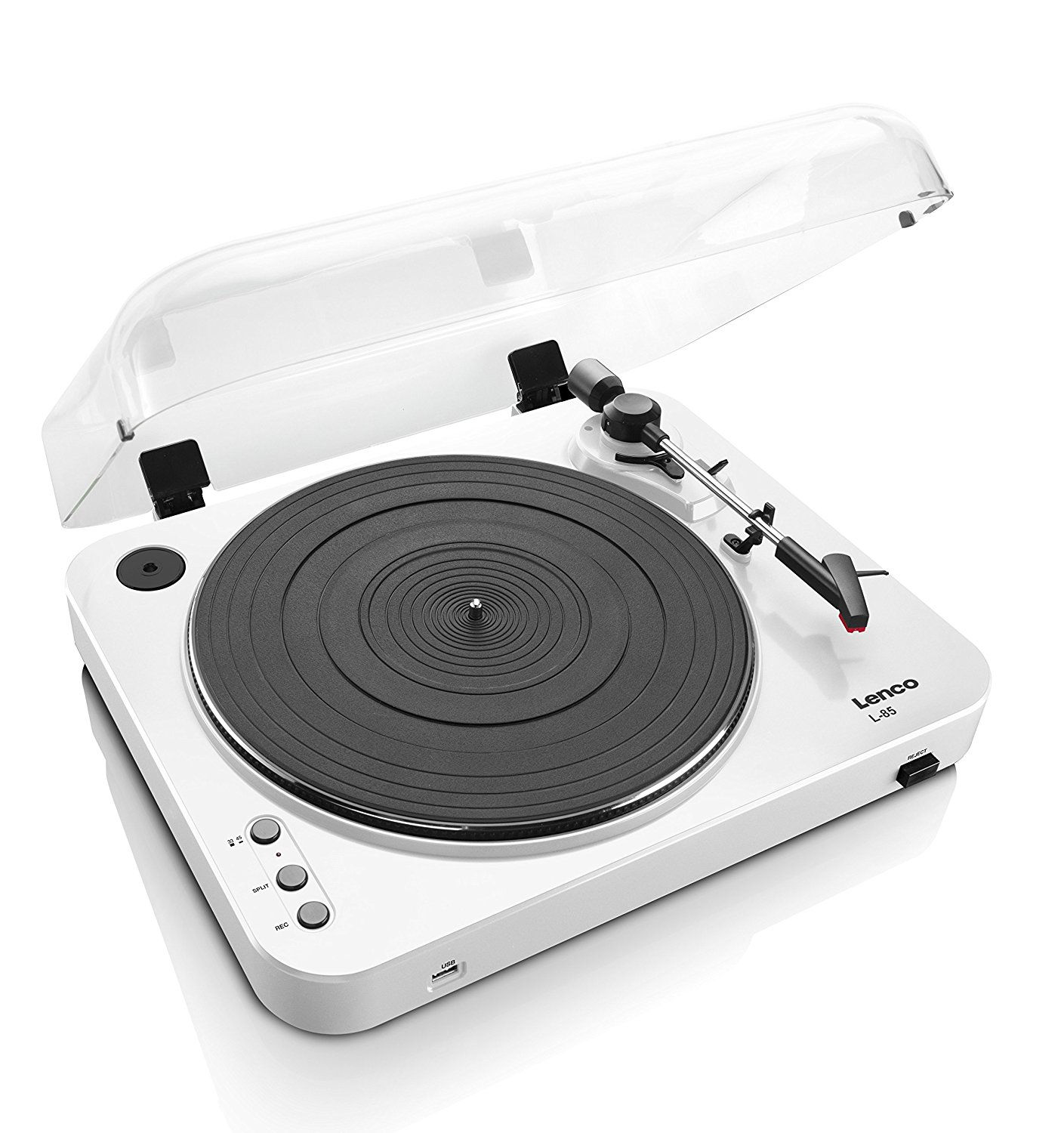 Giradischi bianco con coperchio aperto