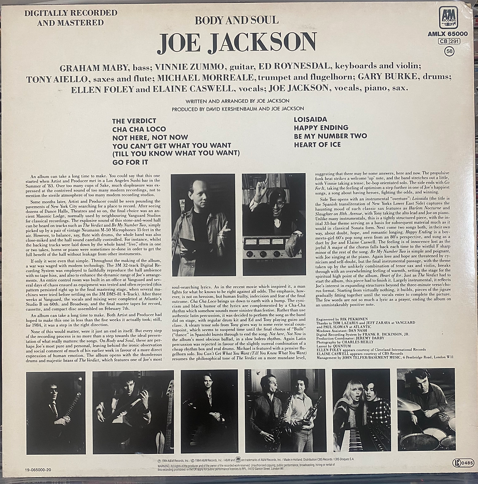 Copertina posteriore LP Joe Jackson: note, foto e crediti