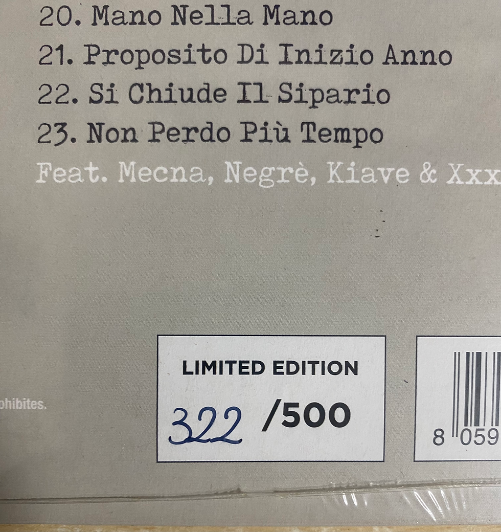 Miniatura: Elenco tracce: Proposito Di Inizio Anno, Si Chiude Il Sipario, Non Perdo Più Tempo (feat. Mecna, Negrè, Kiave & Xxx). Edizione limitata 322/500