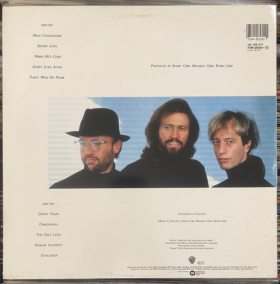Copertina posteriore LP, titoli tracce, tre uomini