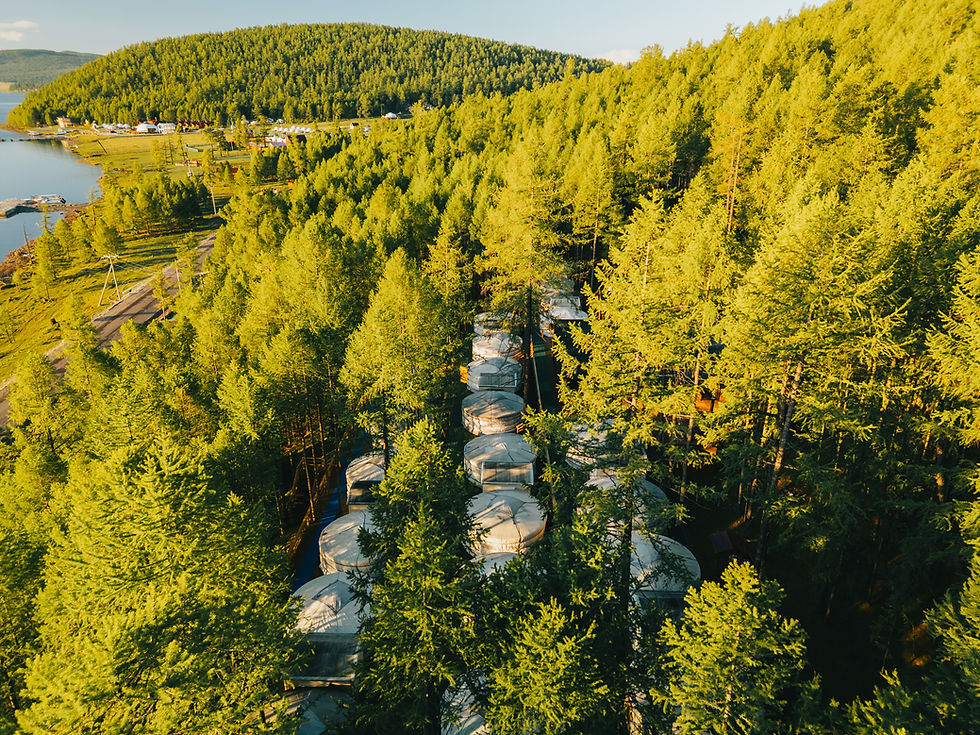 Panoramic lake forest resort aerial Lake Forest Lodge in Khuvsgul