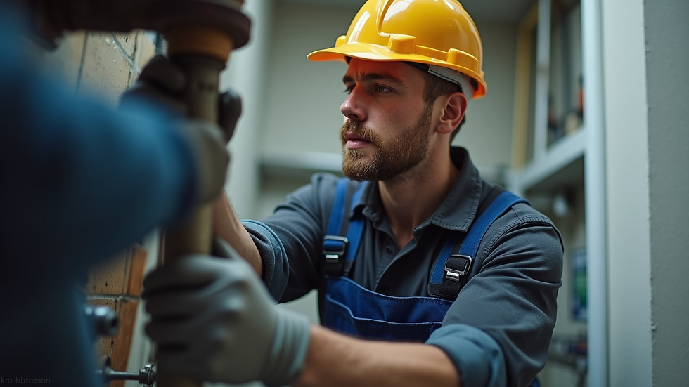 Eye-level view of a professional plumber fixing a leaky pipe