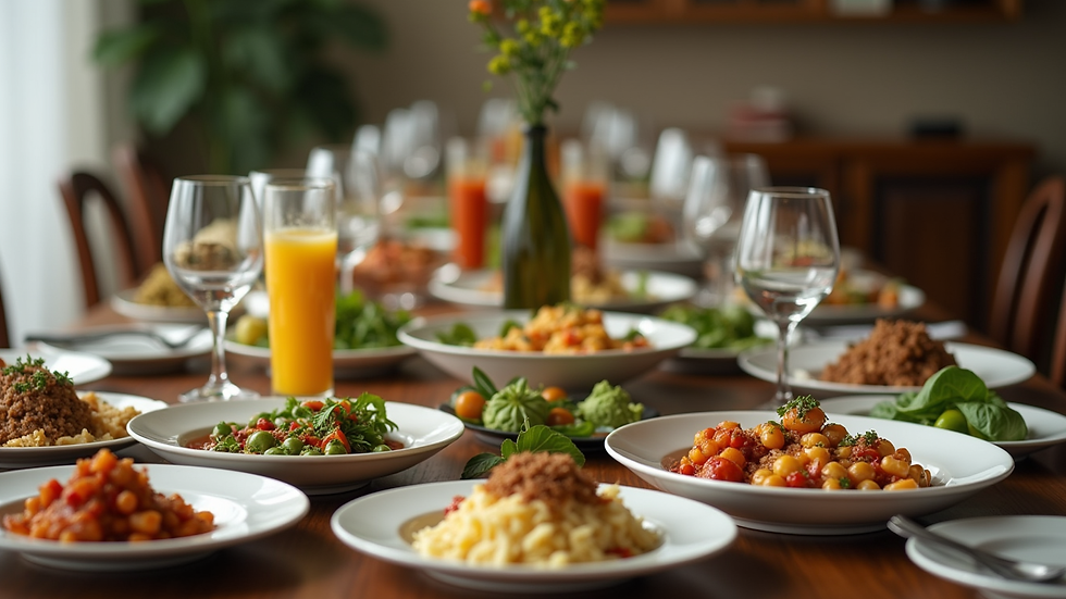 Eye-level view of a beautifully arranged dining table with a variety of dishes