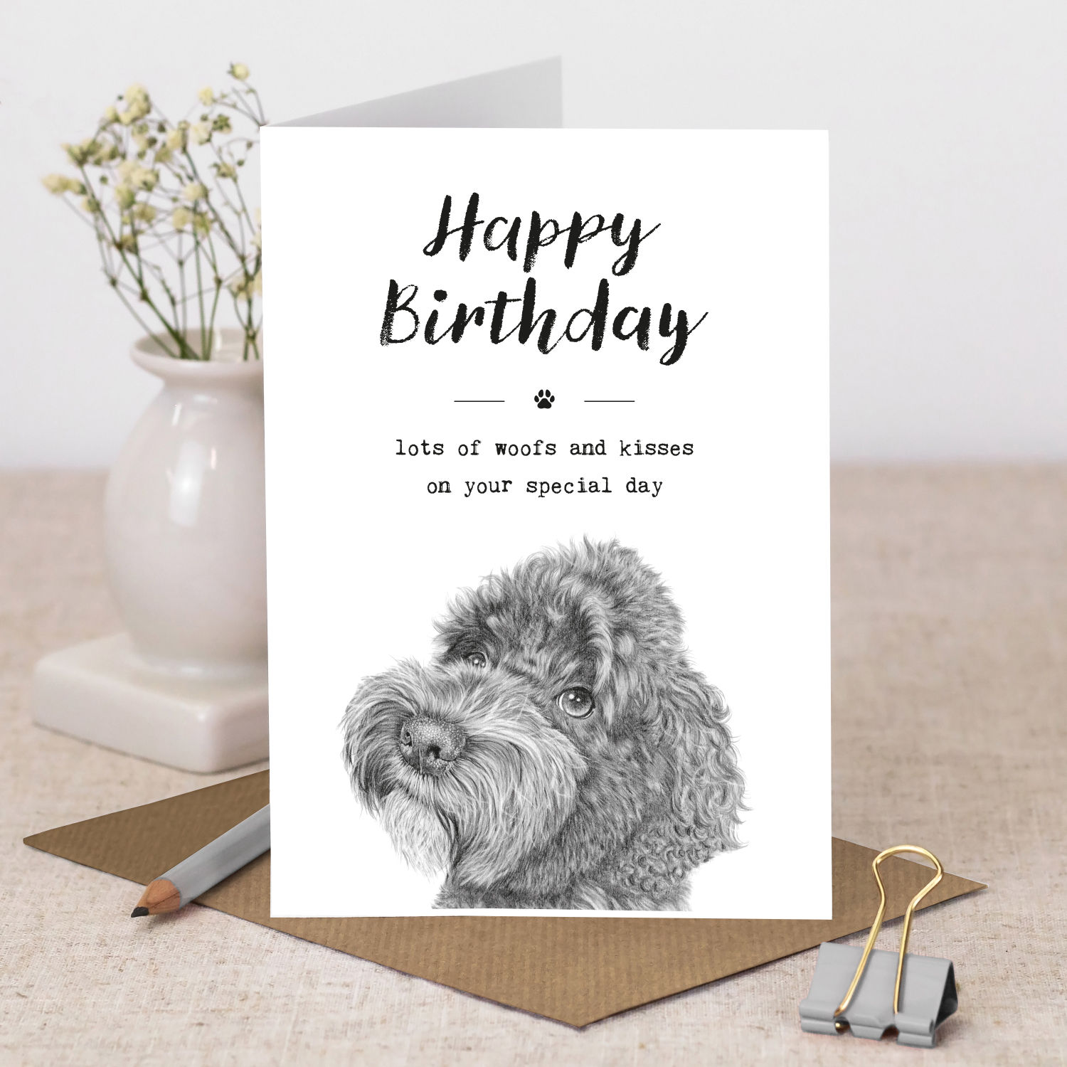 cockapoo dog happy birthday card featuring an original pencil sketch
