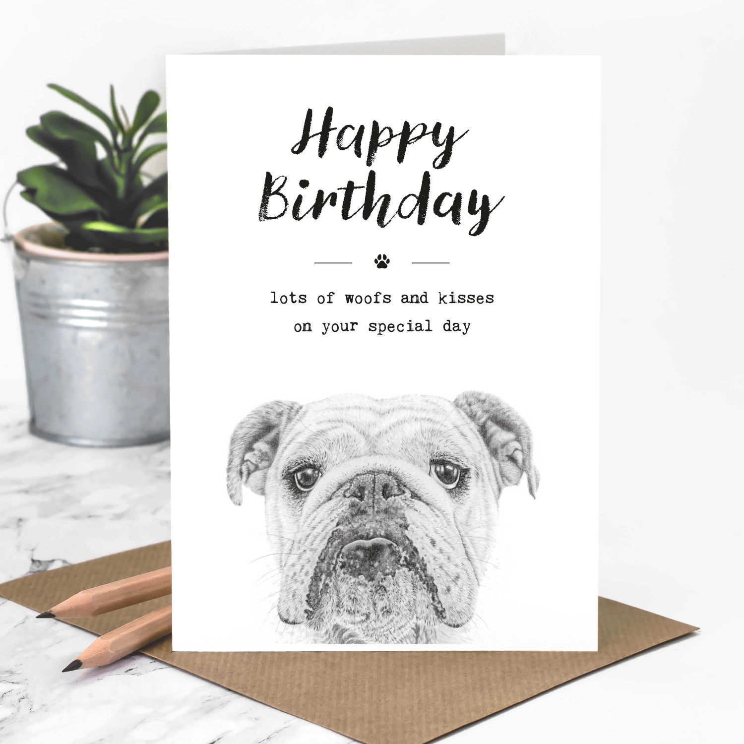 english bulldog happy birthday card featuring an original pencil sketch