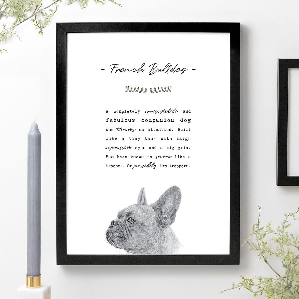 french bulldog art print on white paper in a black frame