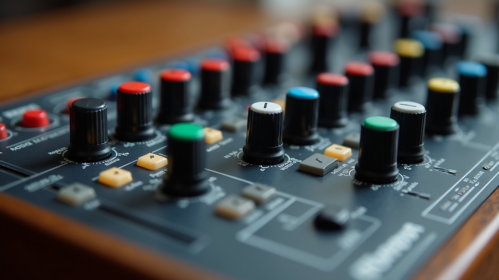 Eye-level view of a vintage synthesizer with colorful knobs and buttons