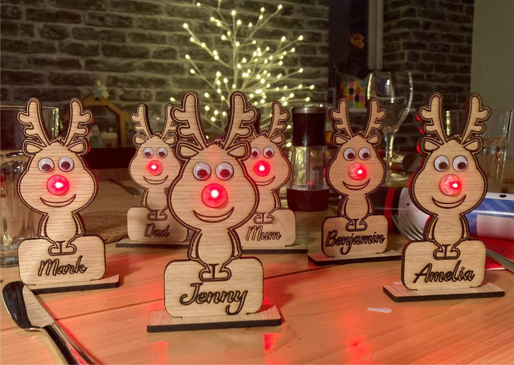 Personalised Reindeer Christmas Place Setting with red light up nose! From £3.60