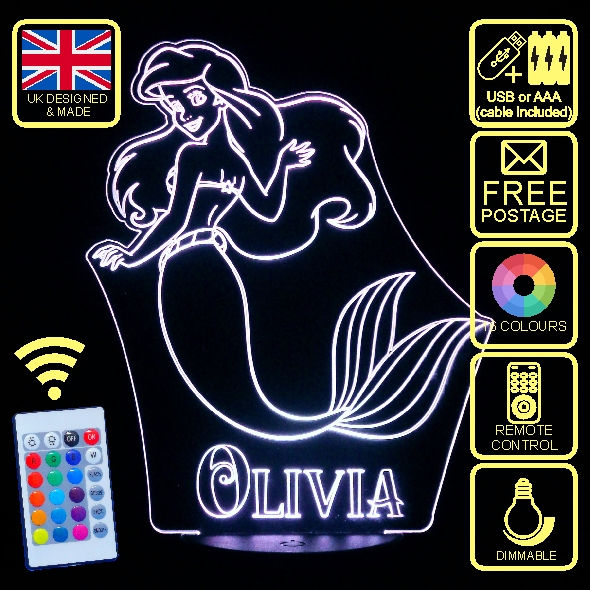 Personalised Little Mermaid Ariel LED Kids Bedside Lamp with remote control