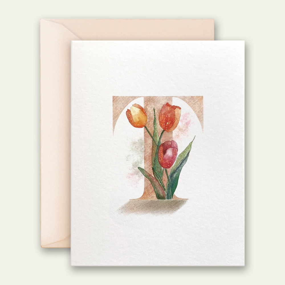 monogram initial T tulips watercolor greeting card