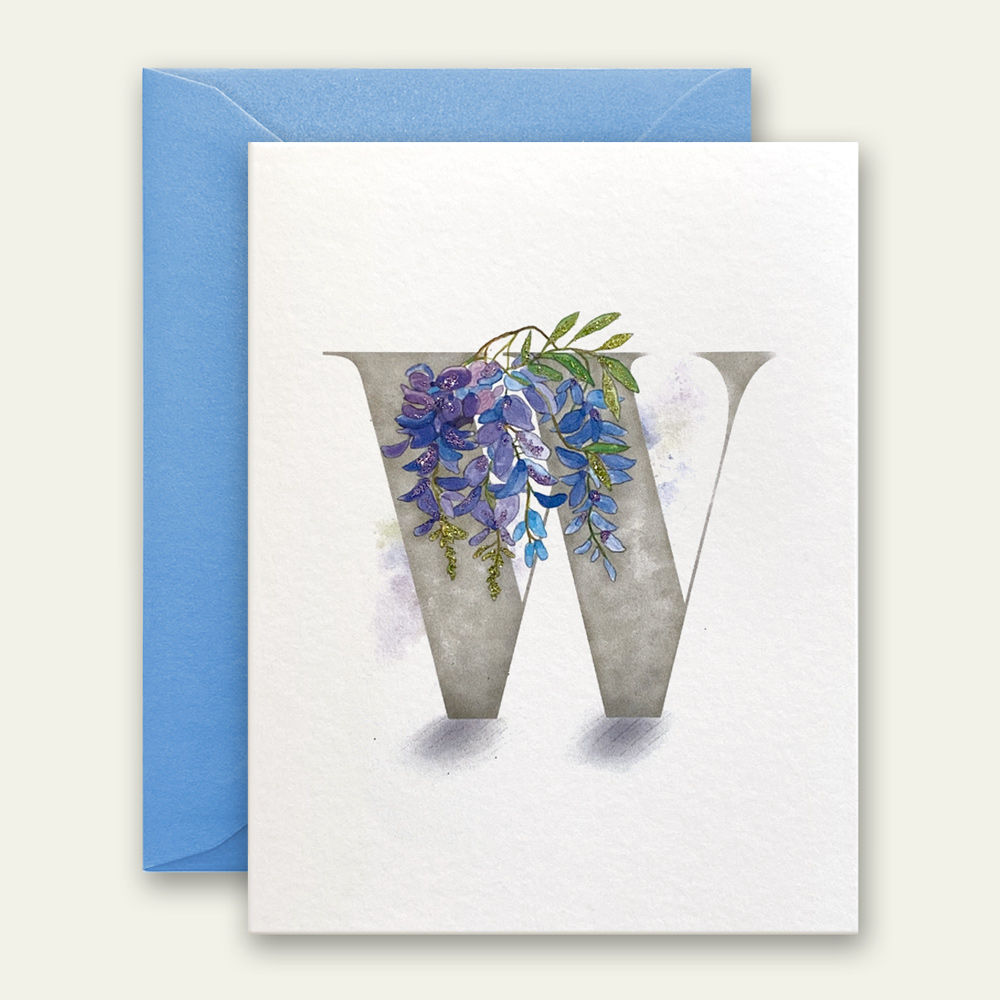 monogram initial W wisteria watercolor greeting card