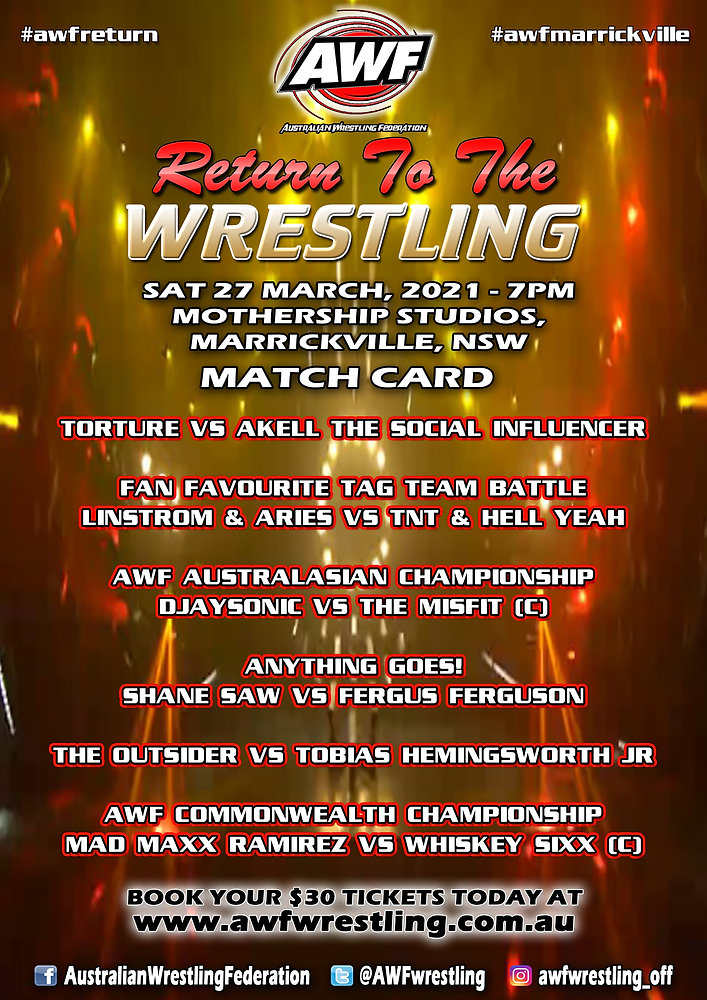 AWF Return To The Wrestling Match Card for Sat 27 Mar in Marrickville, NSW