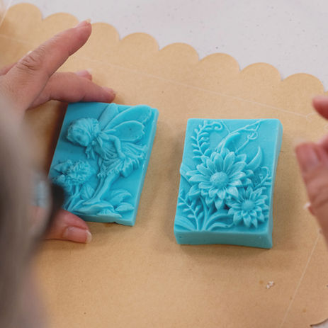 Handcrafted blue soaps from the mobile lather lab