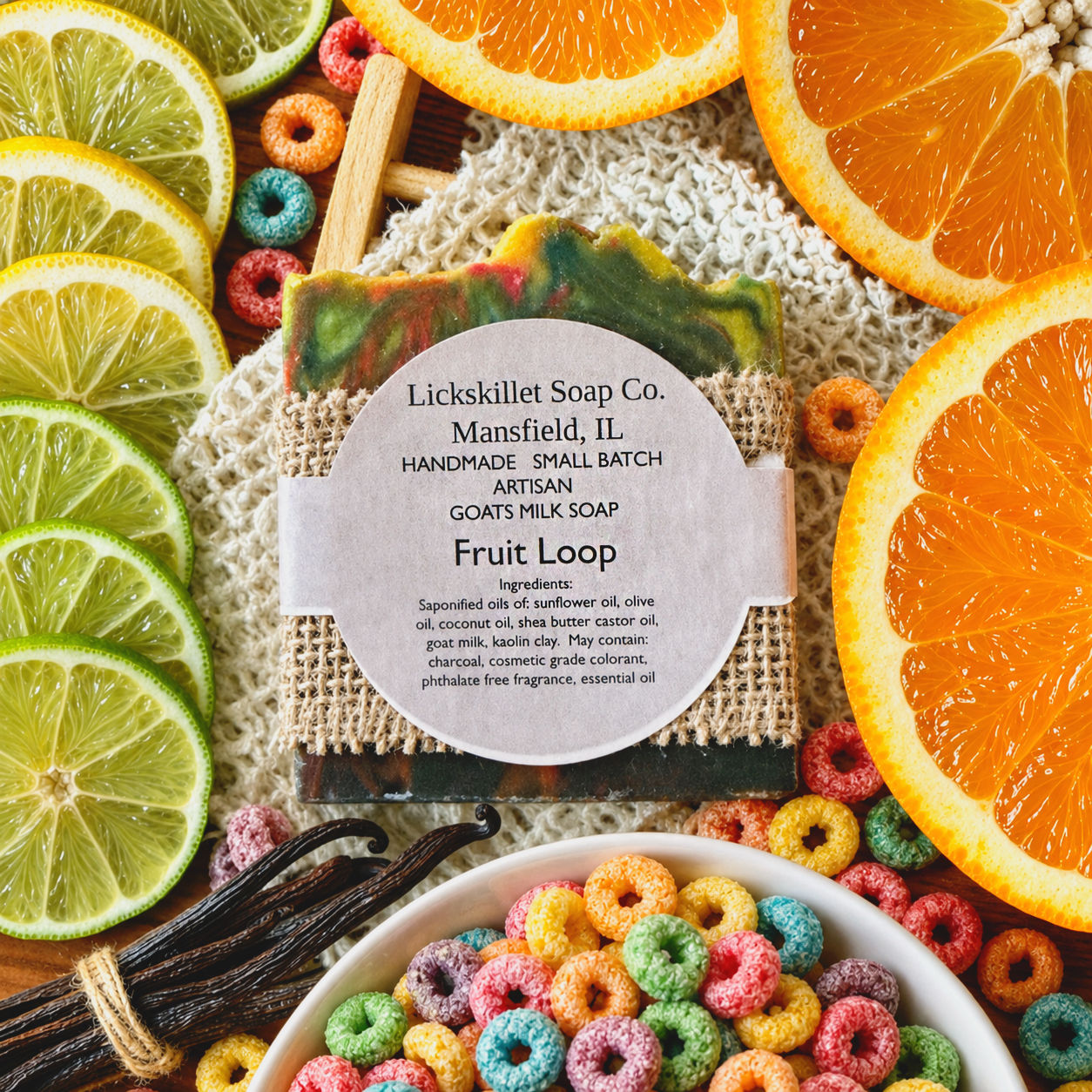 Fruit Loop goat milk soap with citrus slices and cereal