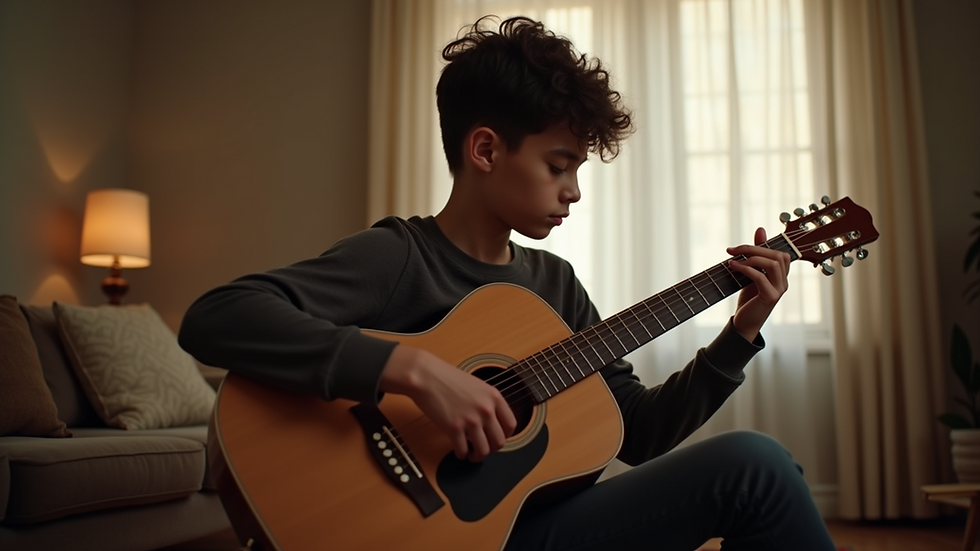 Eye-level view of a student practicing guitar in a cozy room