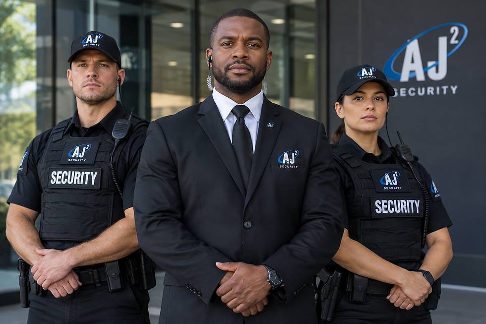 Three AJ Security guards stand at attention outside a modern building, wearing black uniforms and serious expressions.