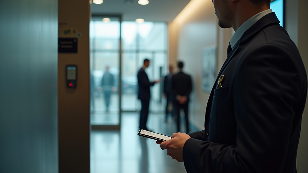 Close-up view of a security officer checking an access badge at a building entrance