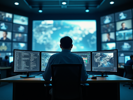 Security control room with multiple monitors