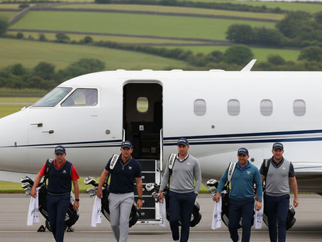 Golfers walking off a private jet on their way to the 2025 British Open in Northern Ireland