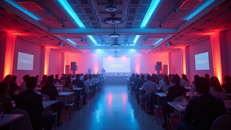 Eye-level view of a modern event space with dynamic colored lighting