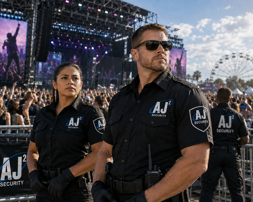 Two AJ Security guards in black uniforms watch a packed outdoor concert, with stage lights and a ferris wheel behind them.