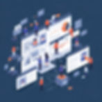 Illustrated people interacting with digital screens showing graphs and profiles. Blue and orange tones dominate. Collaborative tech theme.