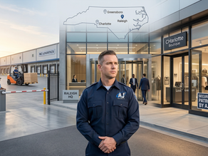 Security officer in front of an image of a warehouse, an office building and a boutique retail store.