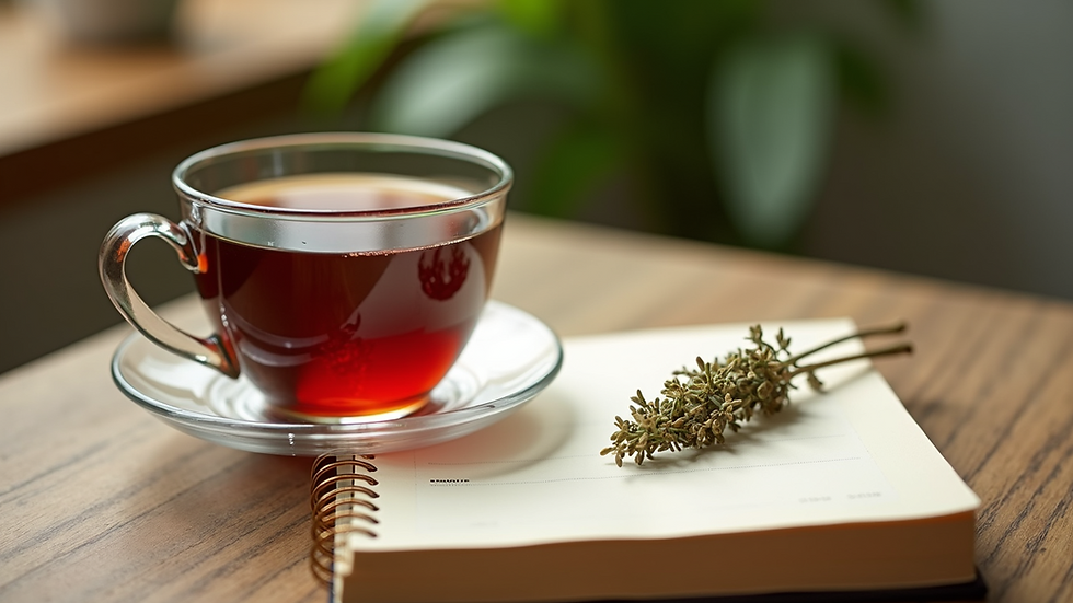 Close-up view of a cozy wellness journal and herbal tea on a wooden table