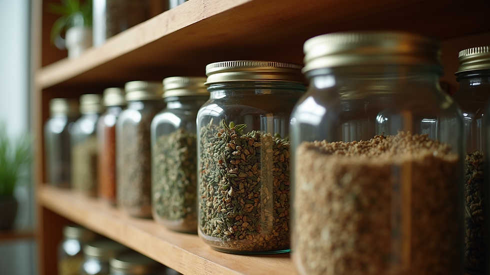Eye-level view of a wooden shelf filled with jars of dried herbs
