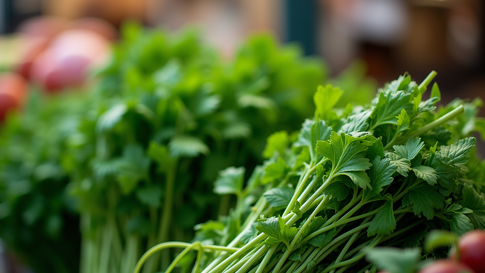 Close-up view of fresh green herbs bundled and ready for sale at a local market